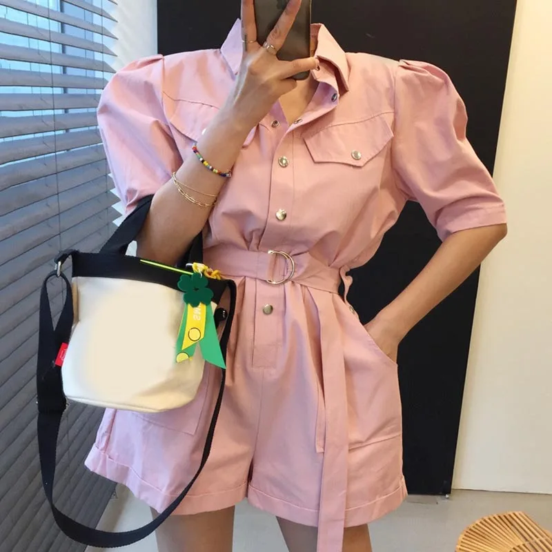 

Newest Pink Lapel Metal Button Single-breasted Loose Short Sleeve Playsuit Jumpsuit Women Multi-pocket Belt Tooling Rompers