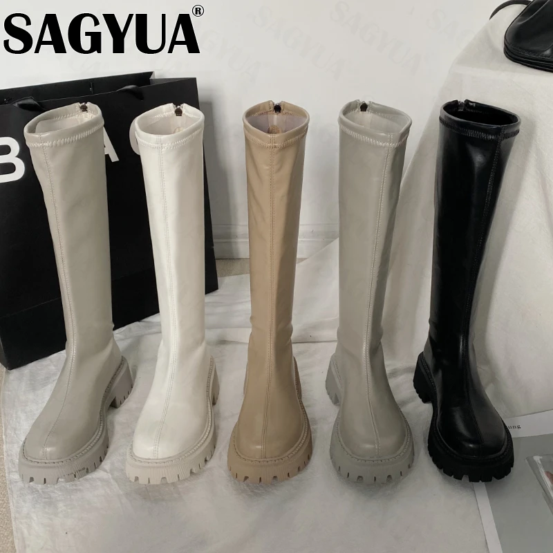 

Chunky Knee High Chelsea Motorcycle Boots 2022 Winter New Women Shoes Platform Gladiator Goth Shoes Sport PU Leather Mujer Boots