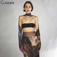 cutenew mesh character print 2 piece sets women gloves sexy bra topsseethrough maxi skirt matching sets clubwear female outfits