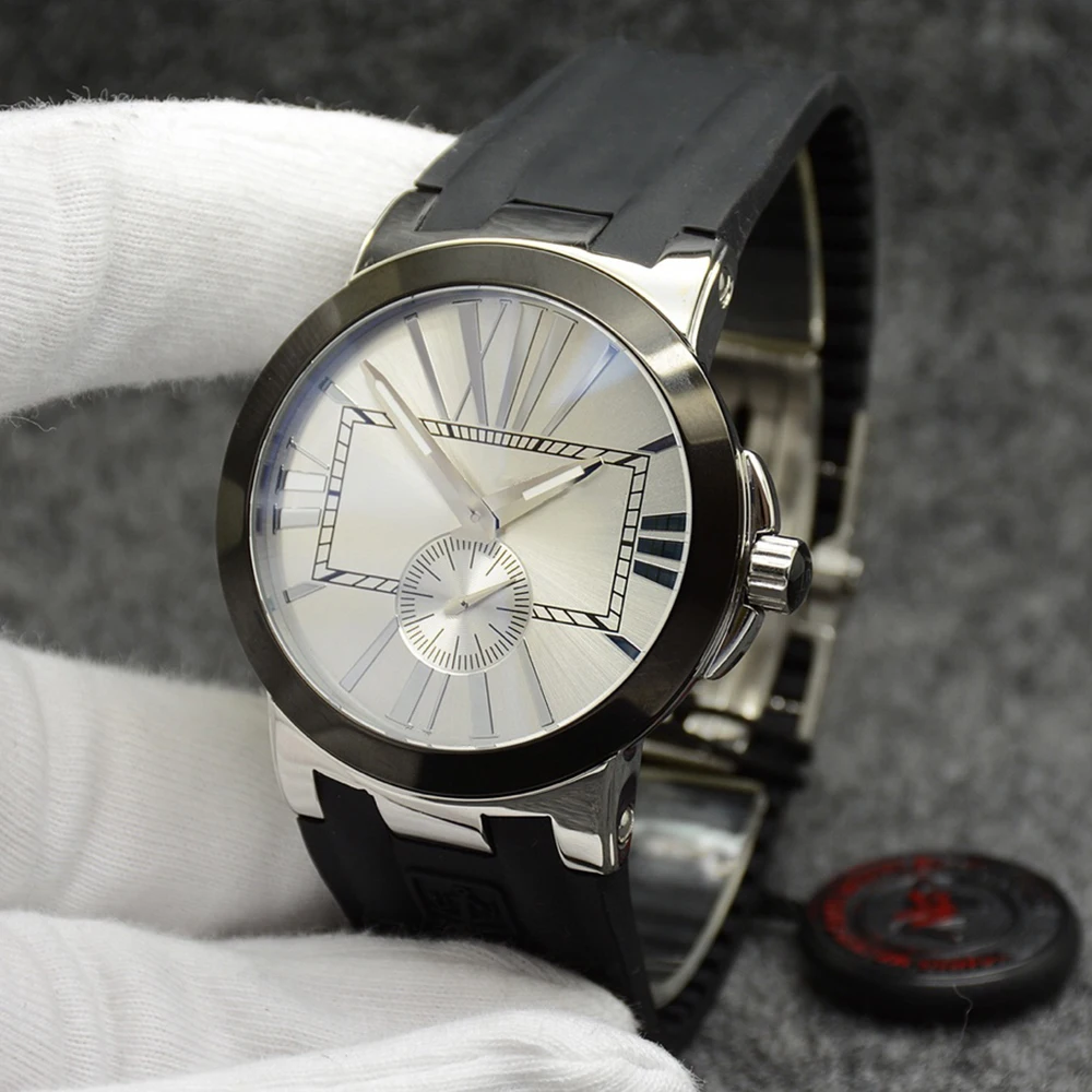 

Couple Watches Stainless Steel Polished Case Quartz Movement Mineral Magic Glass Mirror Rubber Strap 42mm