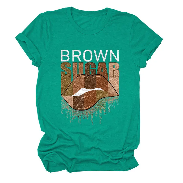 

Zoctuo Women Round Neck T-shirt Brown Sugar Lip Print Loose Fitting Short Shirt Sleeve Pullover Large Classic Top T-shirt