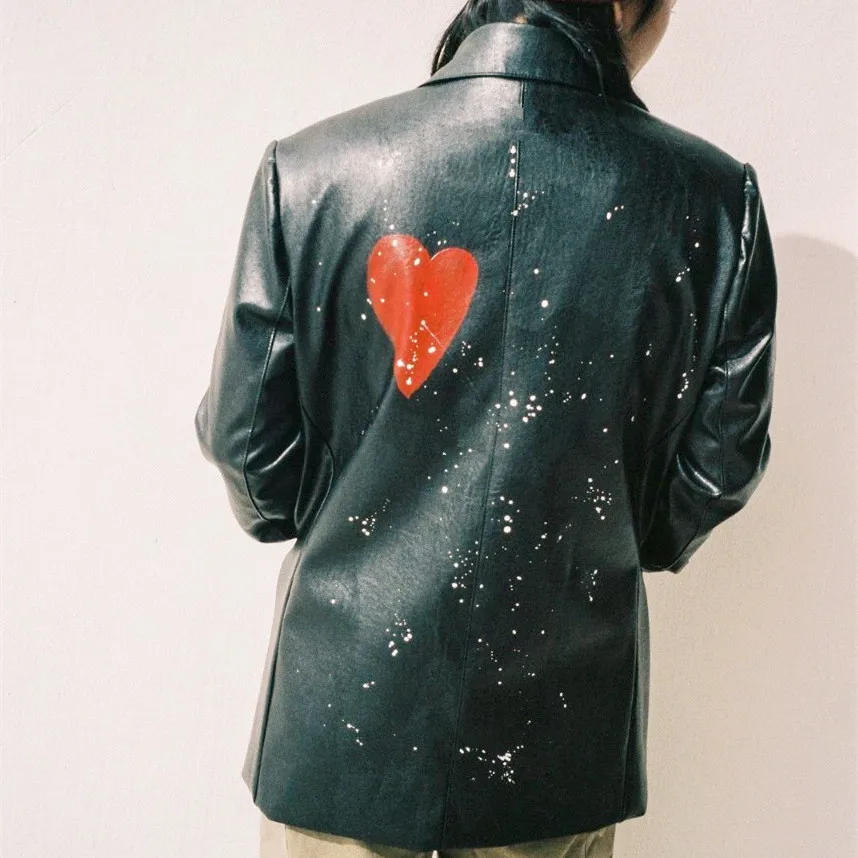 

New fashion Women pu leather blaze women spring autumngraffiti red heart splash loose outwear