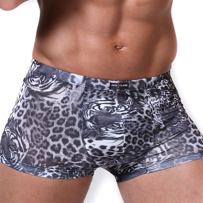 

Fashion New 3 Strips Leopard Tiger Pattern Men's Underwear Ice Silk Underwear Boxer Sexy Middle Waist Shorts Male
