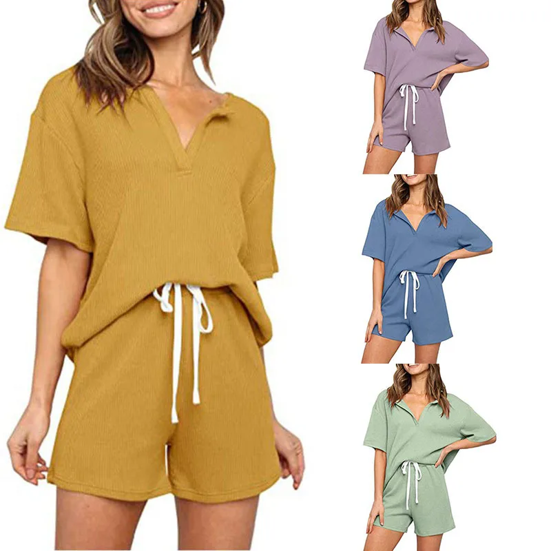 

2021 spring and summer European and American new product women's threaded fabric V-neck blouse + shorts with pocket suit