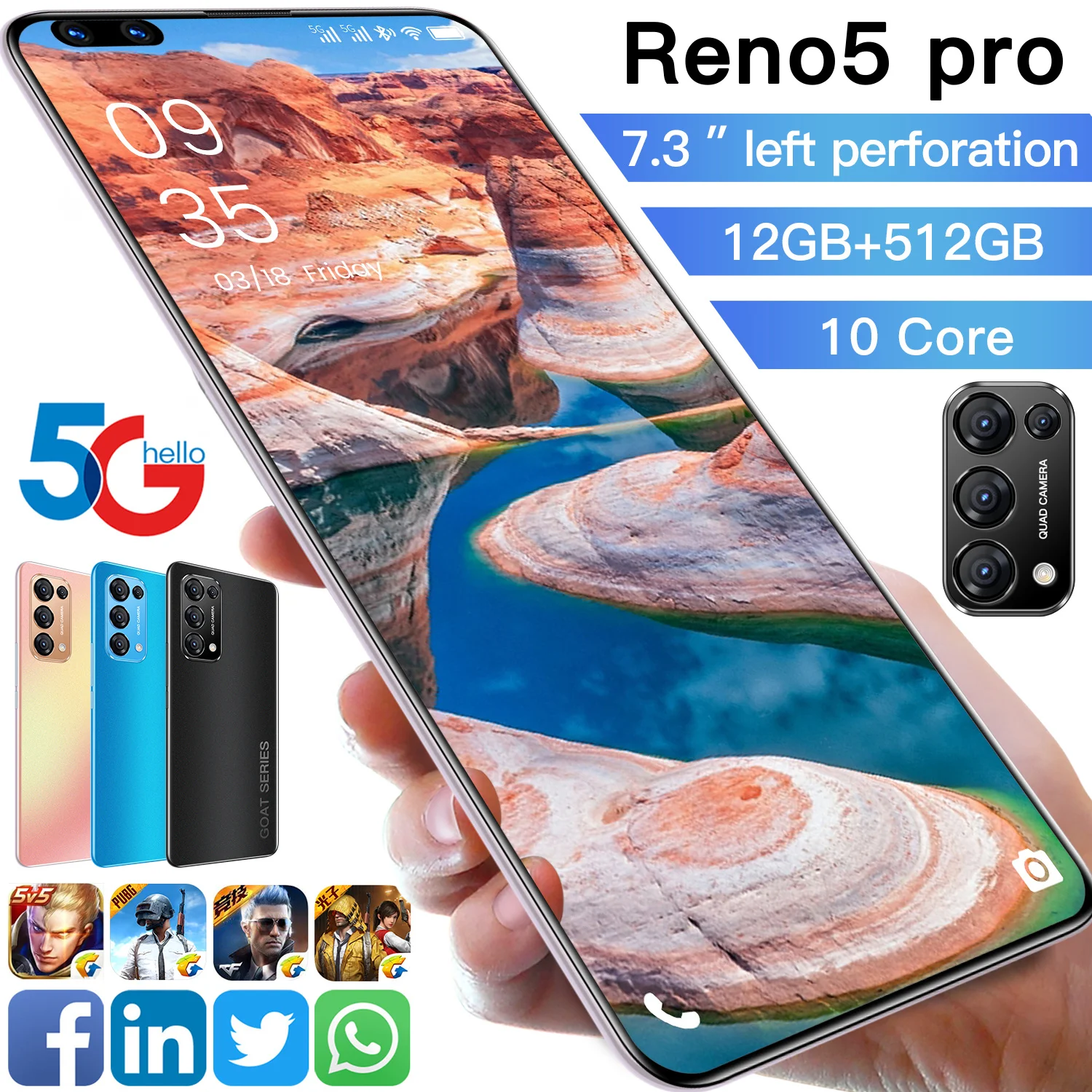 

Smart Mobile Phone Reno 5 Pro 7.3Inch Cellphone 16MP+28MP Camera Telephone Full Screen Cheap Android Smartphone Telefone Celular