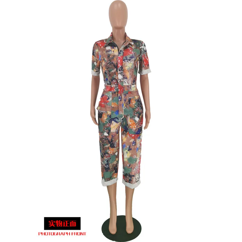 Женский комбинезон с отложным воротником повседневный камуфляжный коротким