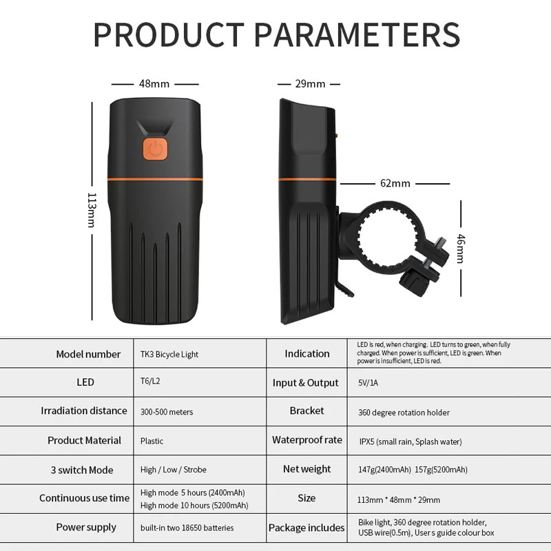 

USB Rechargeable Front Bike Headlight 3 Modes Bicycle Light Built-in Batteries Cycling Lamp with Power Bank Function