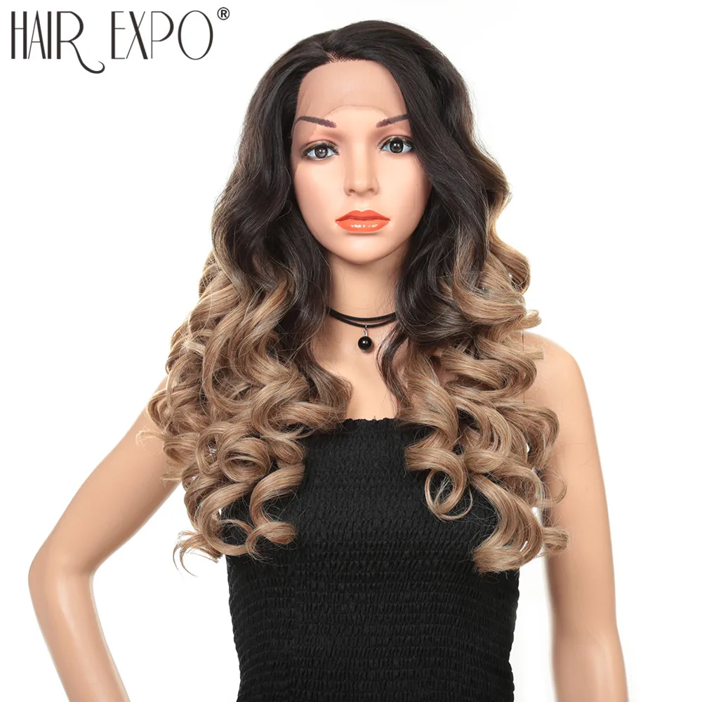 24 дюйма Длинный свободный волнистый синтетический кружевной передний парик без