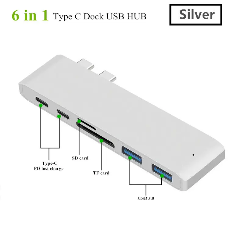 Концентратор для смартфонов type-C USB 3,0 с несколькими интерфейсами type-C PD Высокоскоростная зарядка для адаптера MacBook Pro Air huawei P20 Pro - Цвет: Silver