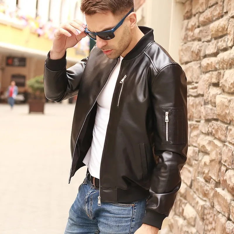 Мужская летная куртка из натуральной овечьей кожи черная облегающая пилот на