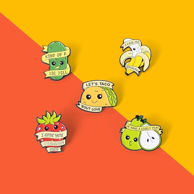 

Strawberry Pear Banana Dialogue Banner Enamel Pins Food Taco Boo Brooches Lapel Badge Bag Cartoon Jewelry Gifts For Kids Friends