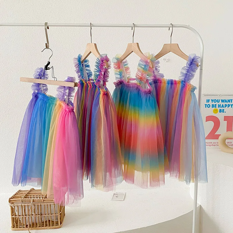 

1-7 Years Old Summer Suspender Tutu Girls Dress Princess Birthday Rainbow Colorful Mesh Sling Casual Children Clothes