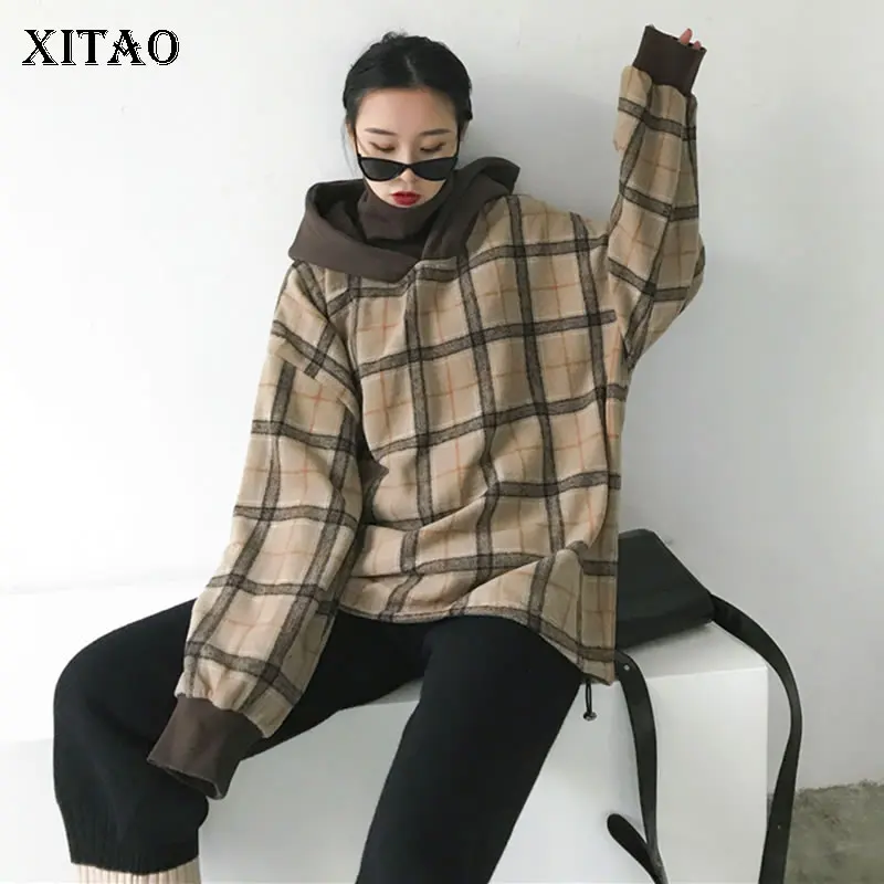 XITAO клетчатые плотные толстовки женские свободные пуловеры с капюшоном и