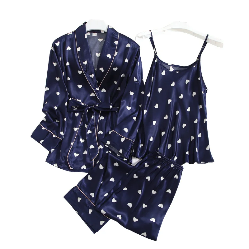 

Casual 3PCS Sleepwear Women Satin Robe Suit Printed Polka Dot Kimono Bathrobe Gown Wedding Loose Intimate Lingerie Nightwear