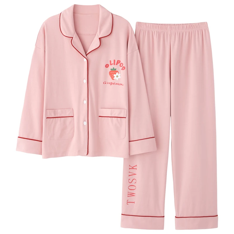 

Winter Cotton Warm Pajamas Set Cute Pink Strawberry Pattern Pajamas Long-sleeved Cardigan Buttons Loungewear Women Sleepwear