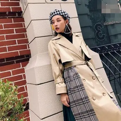 2019 клетчатое зеленое Плиссированное пальто контрастного цвета сзади Новый