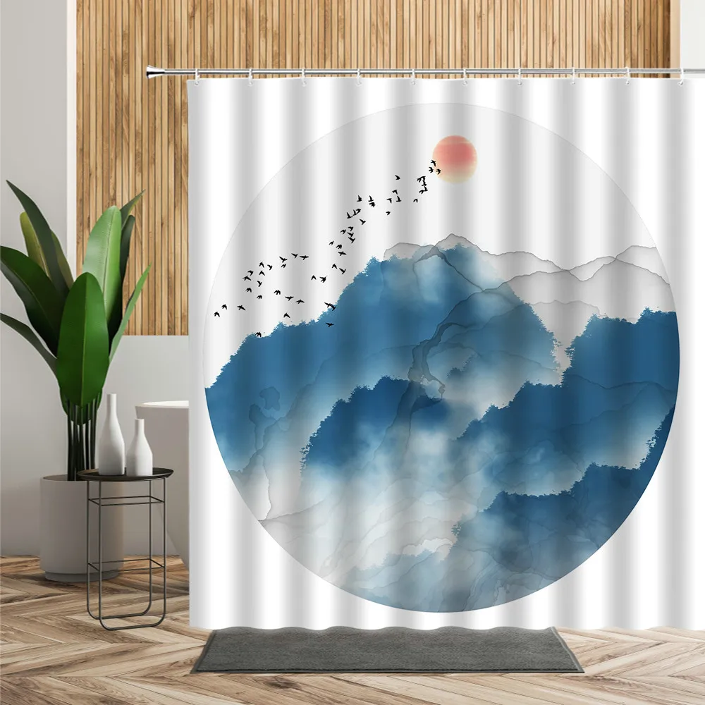 

Ink Painting Art Shower Curtain Birds Trees Chinese Landscape Bathroom Decor Waterproof Cloth Living Room Curtains Douchegordijn