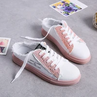 casual half drag canvas shoes woman 2020 new fashion solid sneakers women vulcanized shoes lace up no heel lazy shoes flats