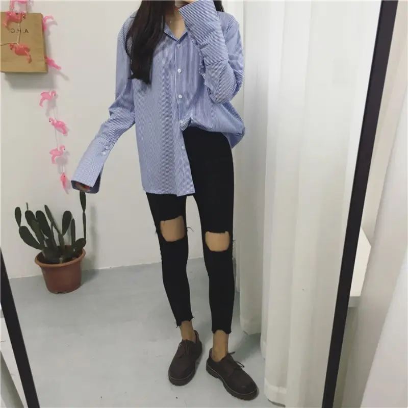 Новая Осенняя полосатая Классическая винтажная блуза с длинными рукавами и