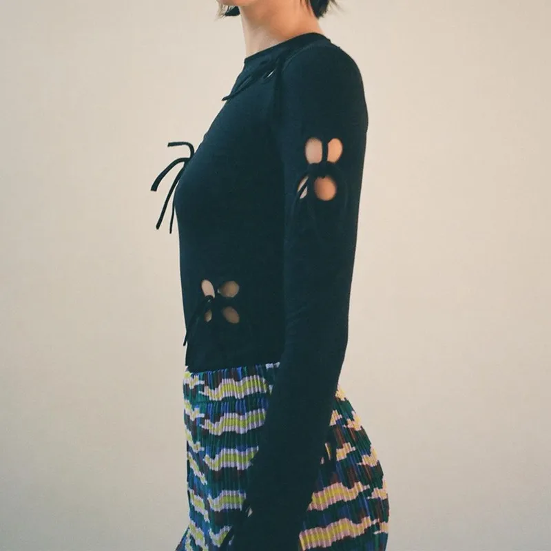 Модная женская футболка с бандажом-бабочкой ажурная женский черный кроп-Топ