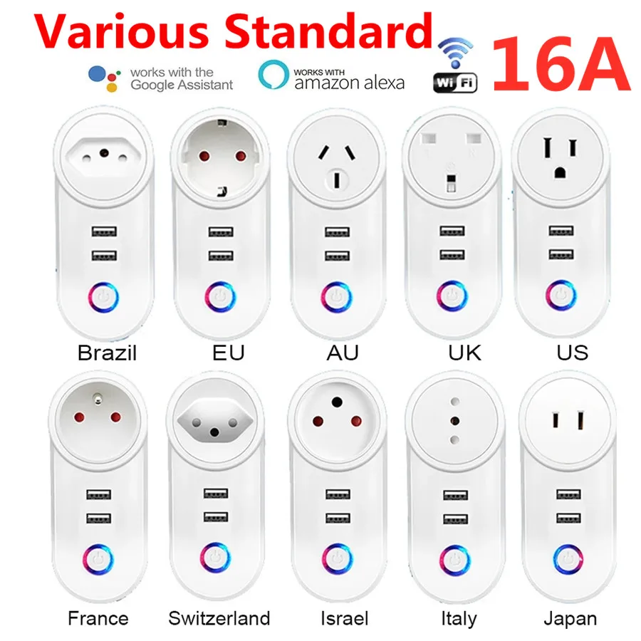 

16A WiFi Smart Plug EU AU UK Adaptor 2.1A Usb Charger Voice Control Outlet Timer Socket for Alexa Google Home Tuya Smartlife App