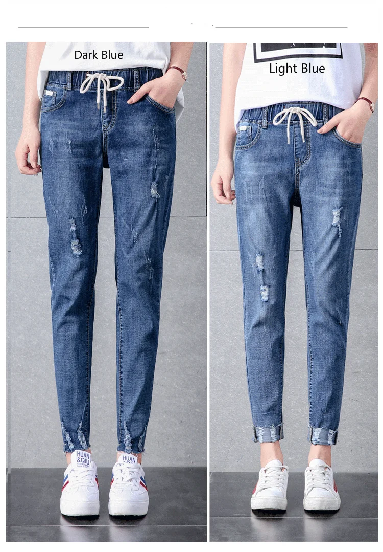 Осенние женские эластичные джинсы большого размера с потертыми дырками