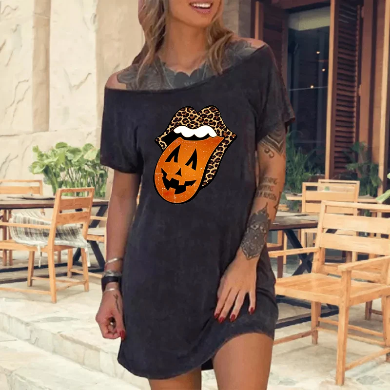 Женское платье с открытыми плечами на Хэллоуин летнее леопардовым принтом губ