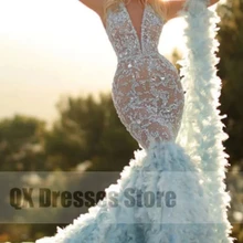 Noite azul céu com decote em v vestido de baile requintado lantejoulas applique sereia vestido para as mulheres até o chão penas vestidos de festa longos (2)