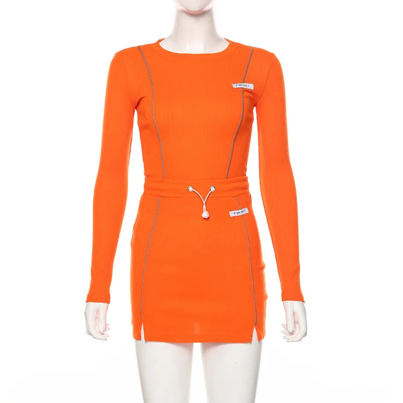 

CNYISHE Reflective Neon Workout Matching Sets Fashion Sporty Casual Women Two Piece Outfit Long Sleeve Zipper Top And Skirts Set