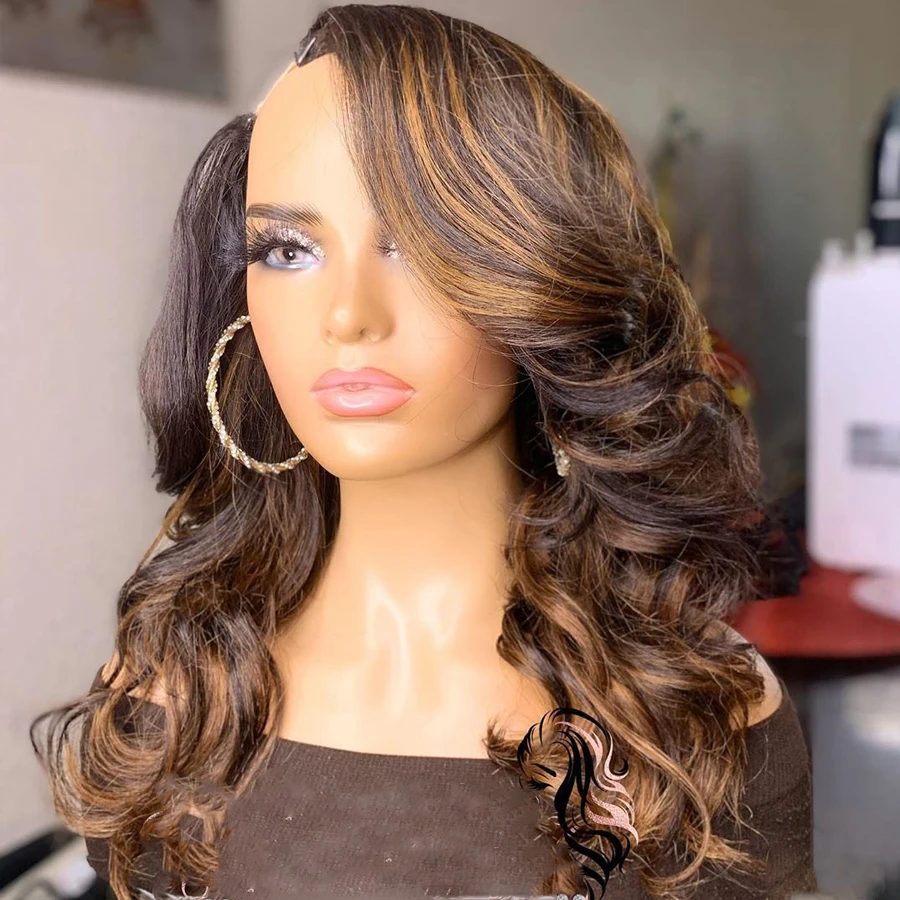 

U Part Wigs Highlights Colored Body Wave Brazilian Remy Hair Ombre Blonde Human Hair Wig 1"x3" Side Opening