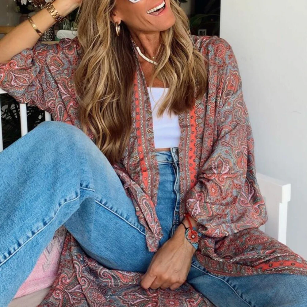 Женский длинный кардиган с цветочным принтом и рукавом 3/4 | Женская одежда
