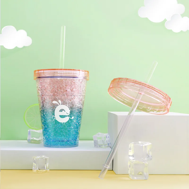 

Creative Straw Type Water Bottle With Lid 410ml Iced Plastic Cup Double-walled Ice Cold Drink Coffee Juice Tea Cup Gift For Girl