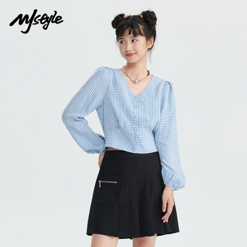 

MJstyle 2021 Осенняя Женская винтажная тонкая модная клетчатая блузка с V-образным вырезом и пуговицами спереди женские Топы Женская блузка 721310006