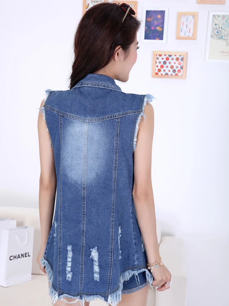 

Hot sale new summer women plus size denim vest long style fashion sleeveless slim big size tassel denim women vest D6083