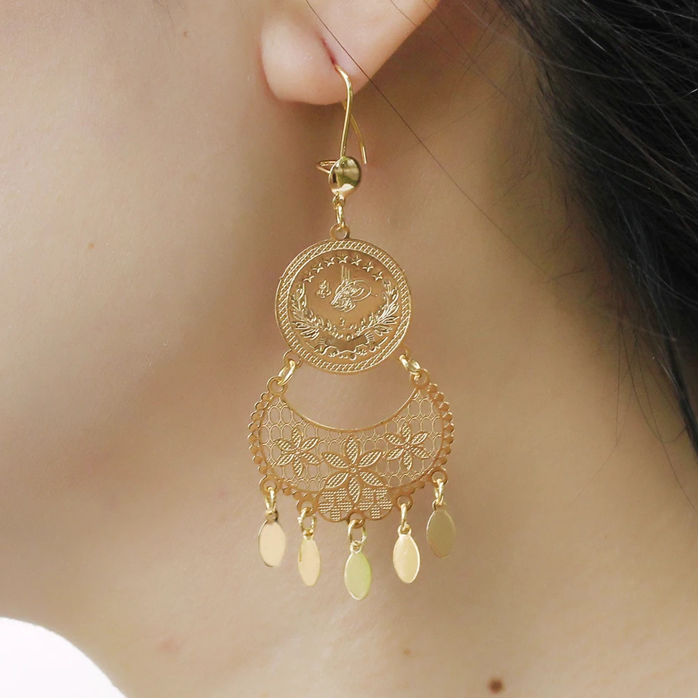 Luxury 18K Gold Earrings Coin Dangle Earrings for Women Muslim Bride Flower Hollow Personality Tassel Earrings Morrocan Jewelry