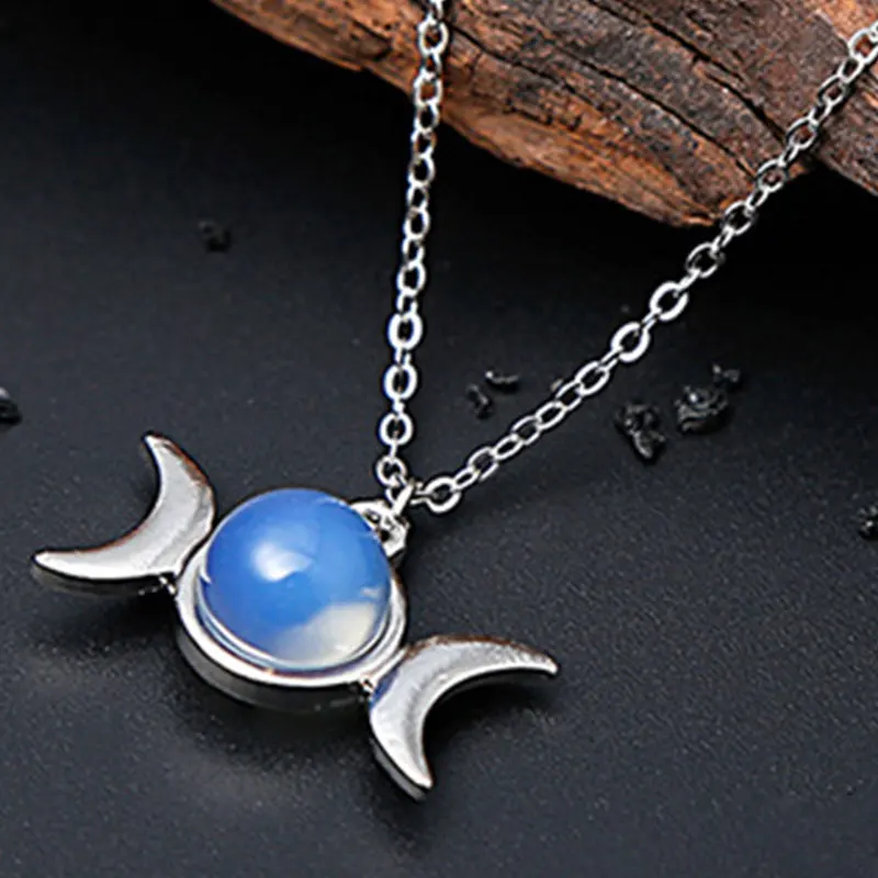 

Opal Bead Triple Goddess Pendant Clavicle chain Healing Crystal Natural Stone Sailor Moon Necklace for Women