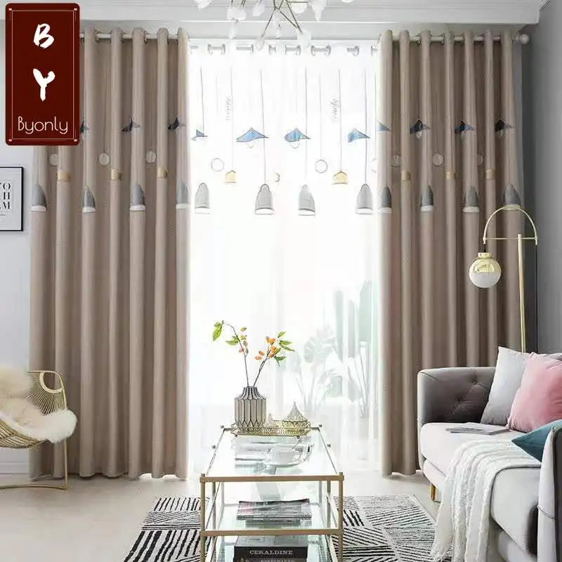 

Modern Curtain for Living Dining Room Bedroom Simple Embroidery Curtains Morden Tulle Plain Weave Finished Product Customization