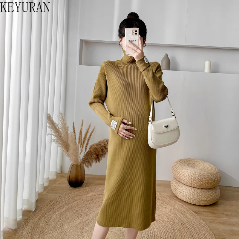 

Knitted Pregnancy Clothes Maternity Dresses 2021 Autumn Winter Full Sleeve Warm Turtleneck Long Sweater Dress for Pregnant Women