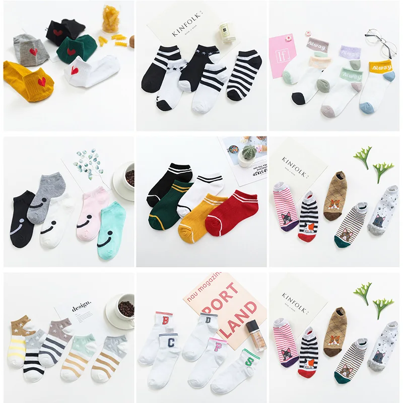 

2021 Cute Cartoon Cotton Socks Women 5 Pairs Invisible Women Ankle Socks Slippers Korean Harajuku Kawaii Short Socks White Socks
