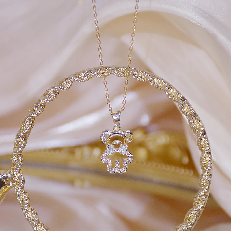 

14 Karat Real Gold Feminine Cute Bear Choker Necklace Elegant Glowing Zircon Choker Birthday Gift Wedding Pendant Jewelry