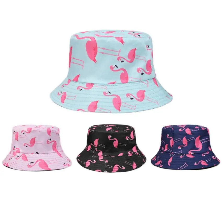 

Spring Summer Unisex Fashion Flamingo Print Double-sided Cotton Polyester Fisherman Cap Female Sunshade Panama Bucket Hat F139
