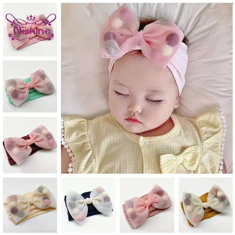 Nishine Cute Handmade Bowknot Hairband with Colorful Fluffy Ball Infant Soft Comfortable Cotton Elastic Headband Baby Headwear