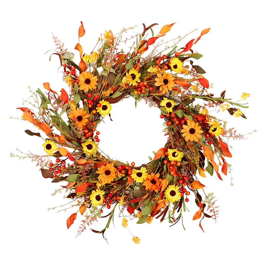 

Autumn 65cm Front Door Hanging Floral Wreath with Yellow Daisy and Berry for Thanksgiving Day
