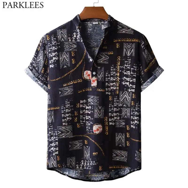 

2021 Summer Fashion Hawaiian Aloha Shirts Men Short Sleeve Henley Neck Top Shirt Blouse Mens Casual Button Down Beach Shirt 3XL