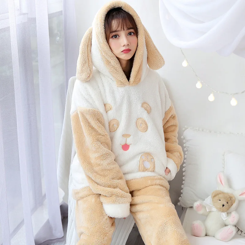 Коралловая флисовая фланель Пижама Mujer Для женщин из мультфильма пижамные комплекты одежда для сна Пижама с животными Для женщин Зимняя теплая ночная Пижама домашняя одежда