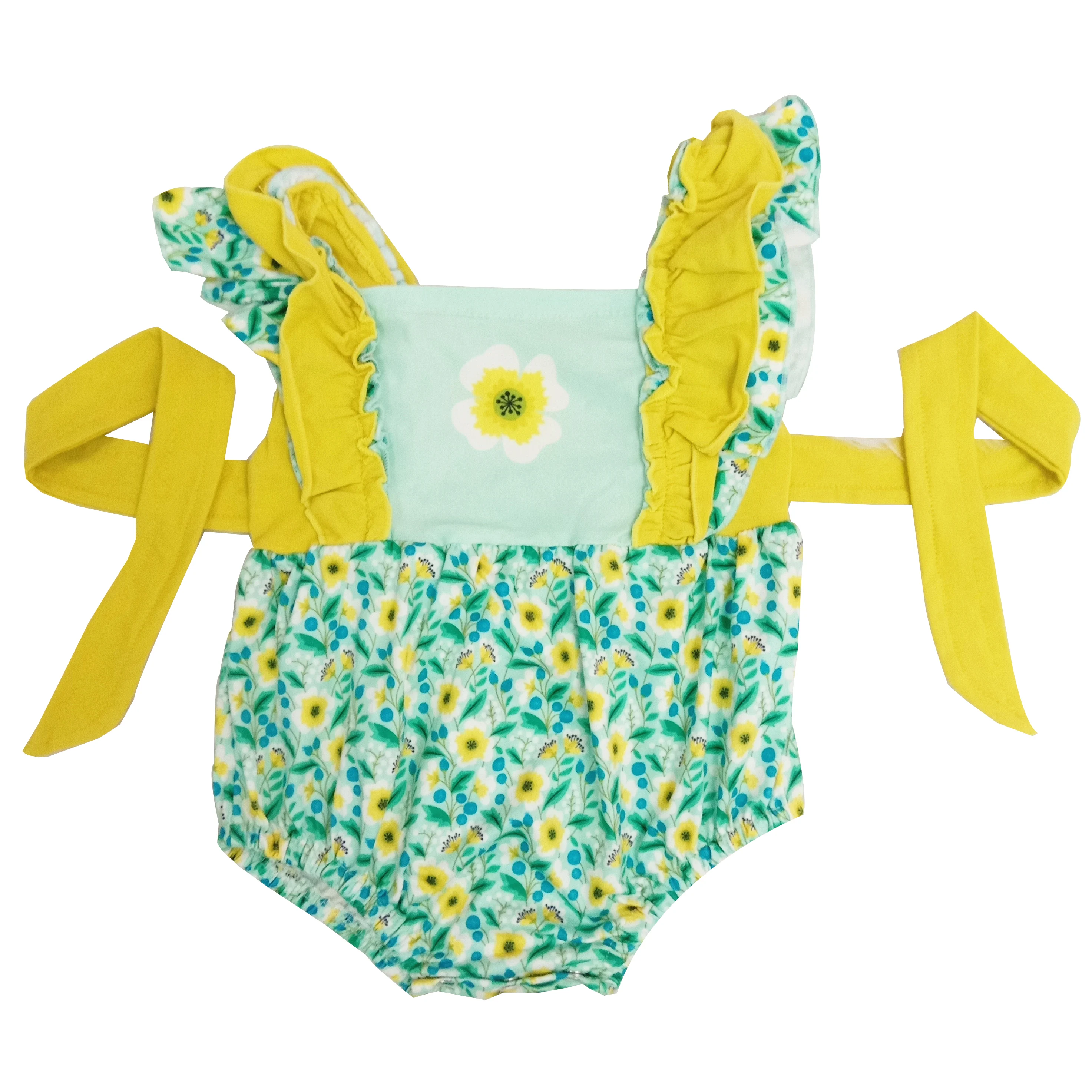 

Super cute yellow floral summer toddle romper with yellow ruffles