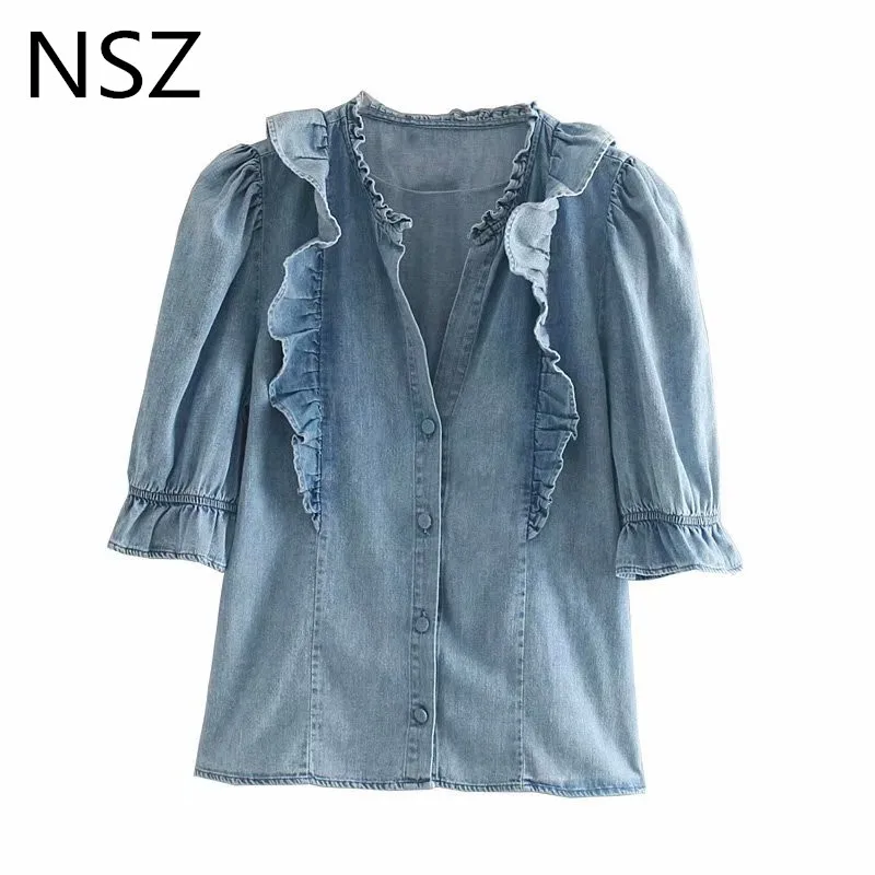 Женская Джинсовая блузка с оборками NSZ синяя пышными рукавами и v образным