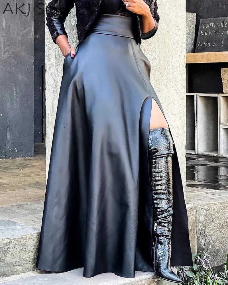 Дизайнерская юбка из искусственной кожи с высоким разрезом и карманами | Женская