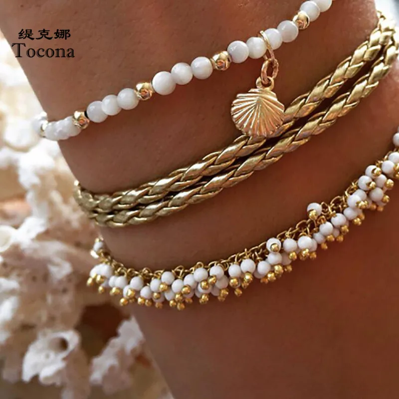 Tocona White Beaded Anklets for Women Gold Scallop Shell Rope Feet Bracelets Barefoot Sandals Summer Jewelry 3pcs/sets 8408