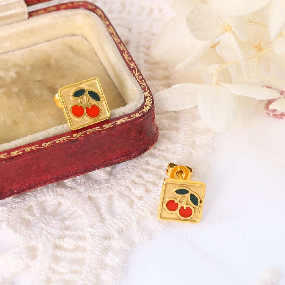 

Unique Design Fashion Waterproof Jewelry Dainty Small Cherry Pattern Earring Stainless Steel Square Stud Earring for Women Girls